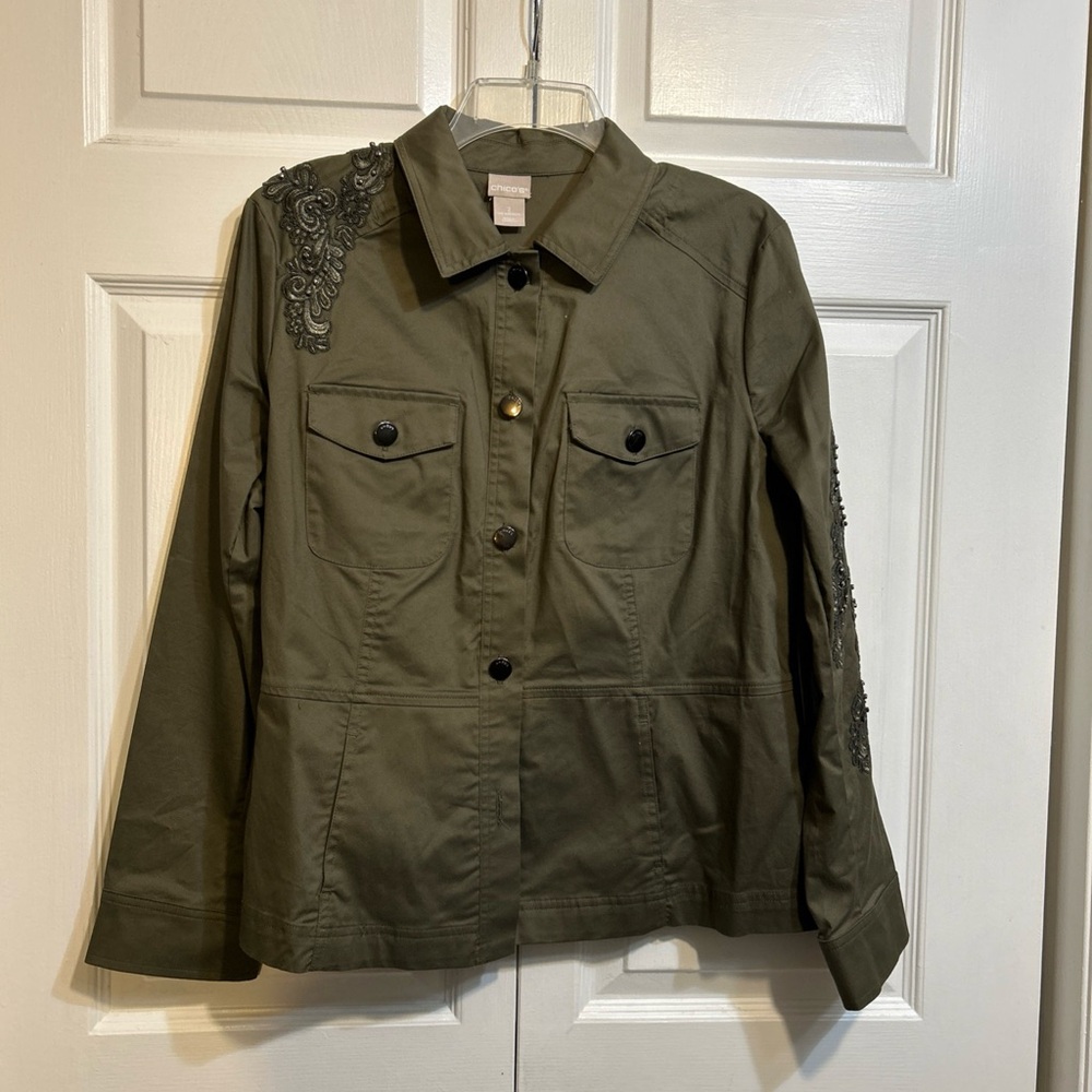 NWT Chico's Lace Applique Utility Jacket Pockets Button Up Shirt Size 2 L/12